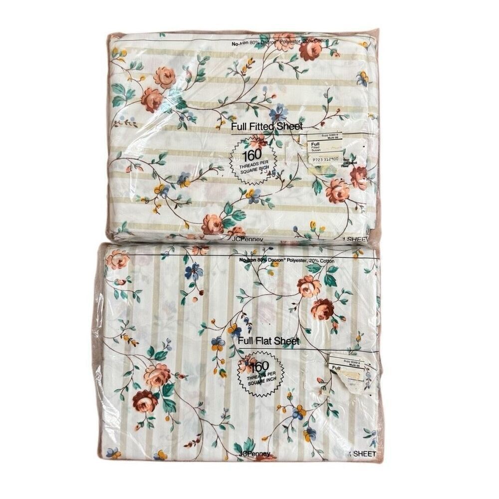 JCPenney Vintage Susan Striped Floral Full Size Fitted & Flat Sheet Set NEW